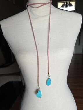 Pink Suede Lariat Necklace with Turquoise Stone Pendants